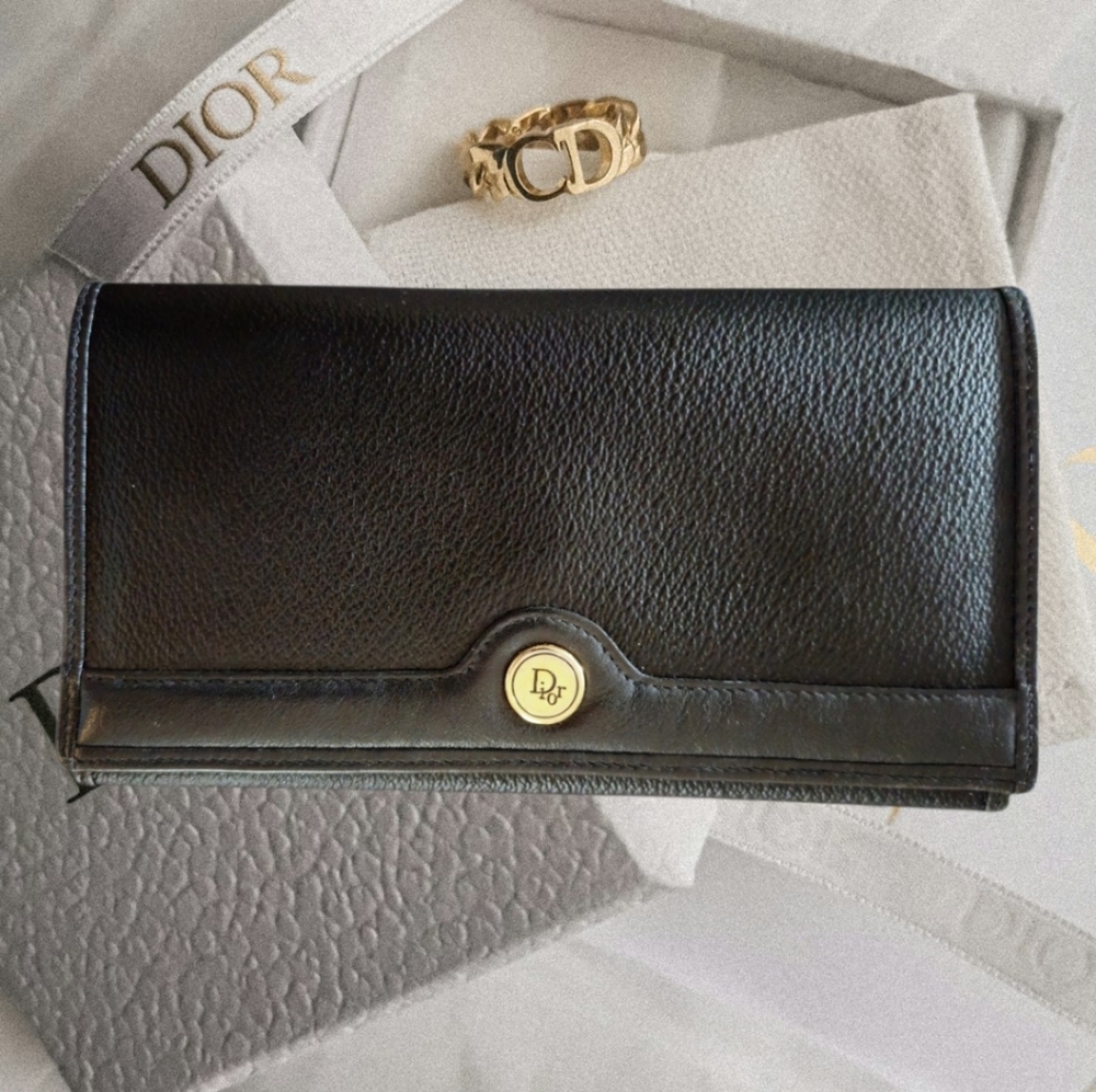 Gorgeous Dior Black Leather Wallet with Gold Accent